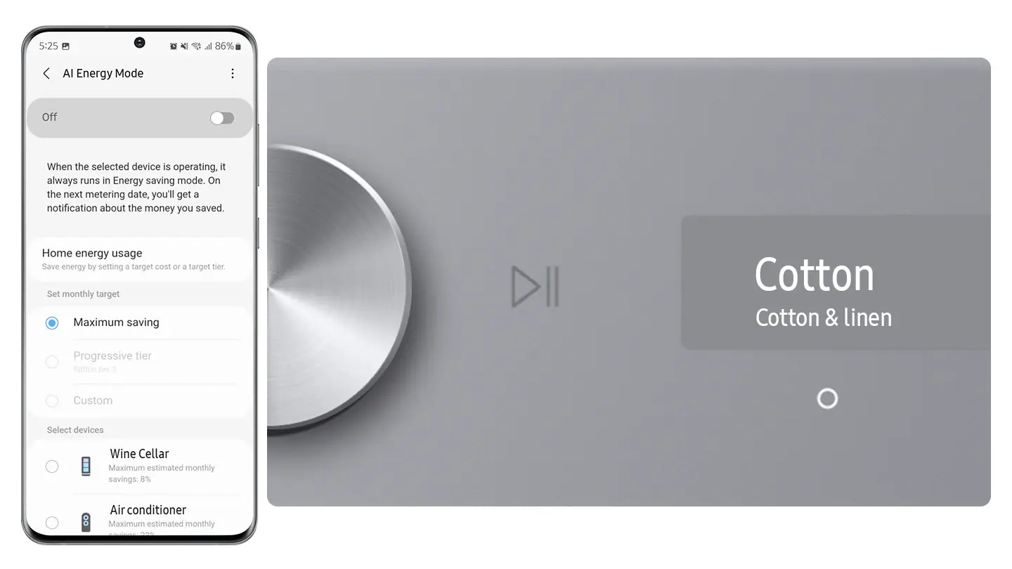 The AI ​​Energy Mode for Washer is activated by checking the mode button to 'On' and selecting the device you want to run on your smartphone. After the cycle, the cleaning is complete with AI Energy Mode which saves 397 Wh (70%) of energy.