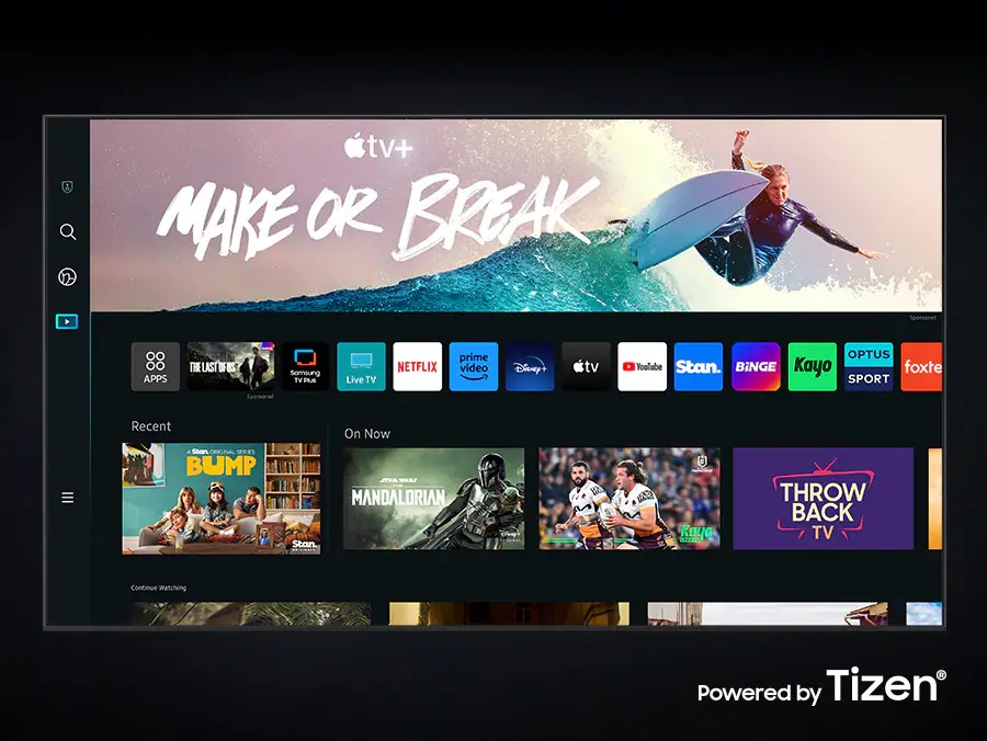 Smart hub user interface shows apple tv and Netflix, kayo as many other as app options for viewing
