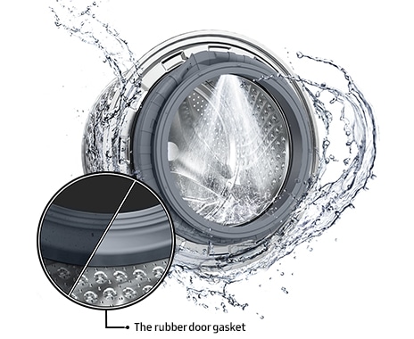 The washer drum is surrounded by clean water and water jets are cleaning the inside. Close-up image of a rubber door gasket being cleaned.