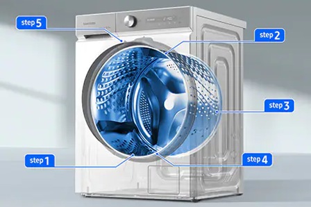 Transparent drum in WD9400B. AI Wash operates in 5 steps.