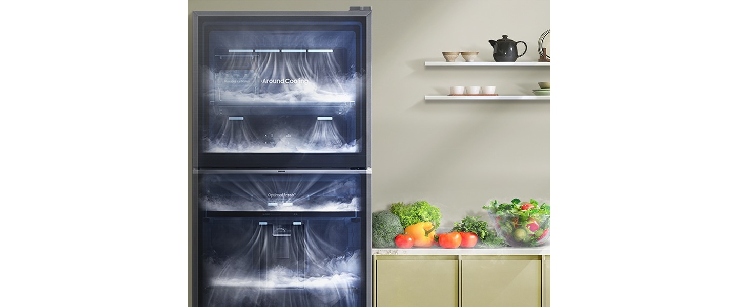 The inside of the refrigerator is visible and cold air spreads through every storage space.