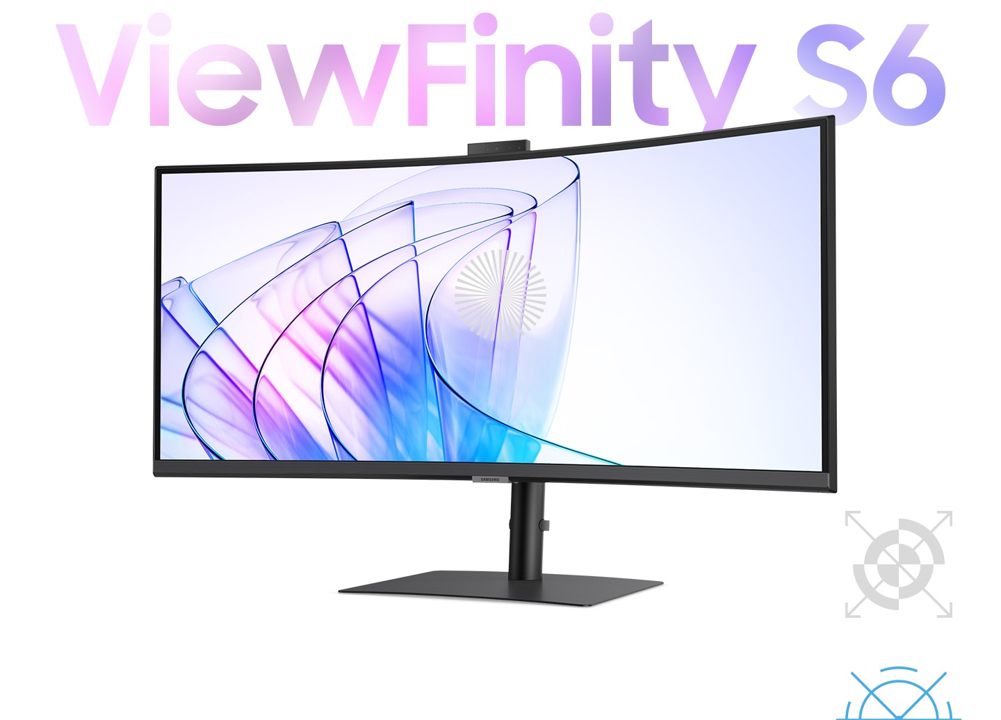 There is a monitor and its camera on the top is closed up. And when it is zoomed out, the logo of the product, 'ViewFinity S6' is shown.