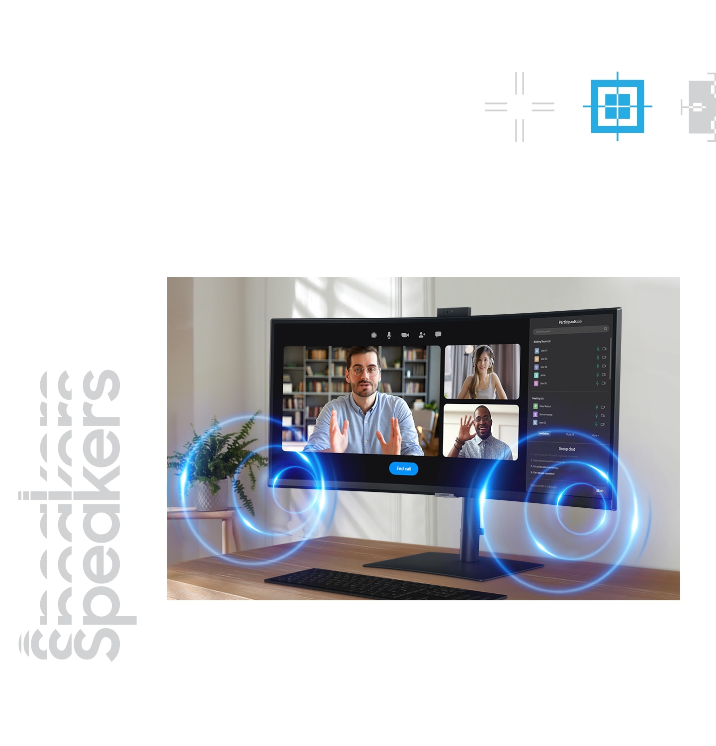 There is a conference call UI on the monitor, and the monitor camera is popped up. Around the monitor, there are some circles that represent the built-in speakers of the monitor.