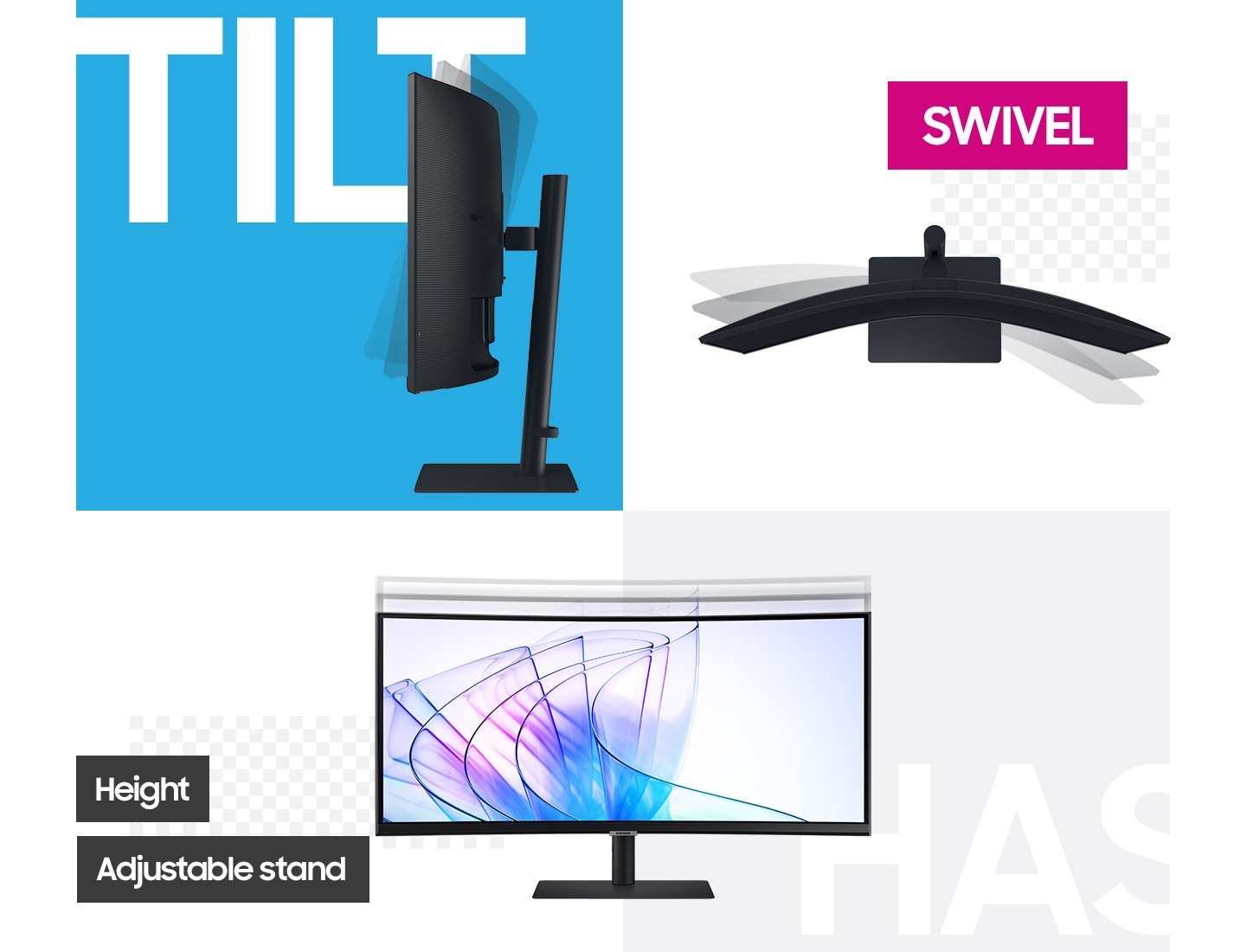 There is a monitor being tilted, and next to it, there's another monitor with is being swiveled. On the bottom of the two monitors, there's the other monitor that moves up and down. And it is with 'Height Adjustable Stand' message.