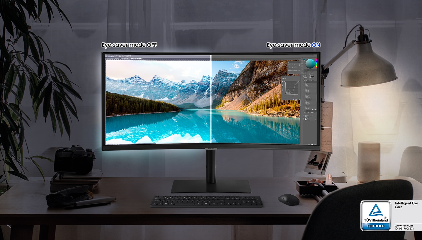 A monitor screen is divided, and the Eye Saver Mode is off on the left screen. And on the right side screen, the mode is on. At the bottom of the monitor, there is the TUV certification logo.