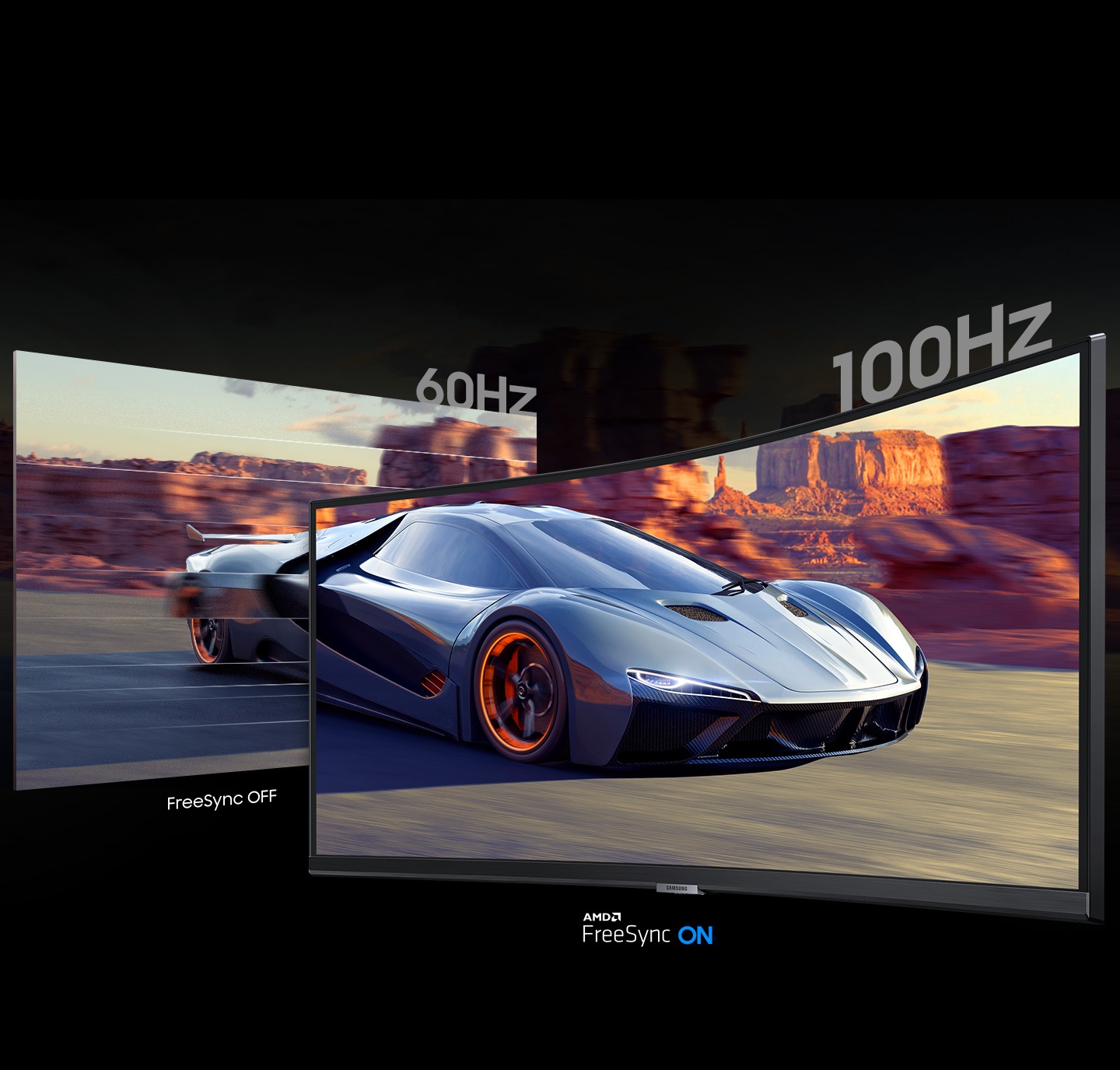 On the left screen, AMD FreeSync is turned off with 60Hz, and on the right screen, AMD FreeSync is turned on with 100Hz. Stuttering occurs on the left screen, but the right screen shows the content smoothly.