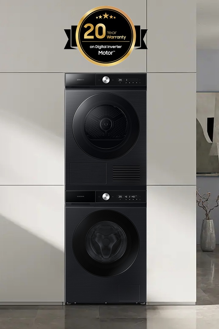 Bespoke 12kg washer and 9kg dryer are installed in the laundry room, with a stacking kit.