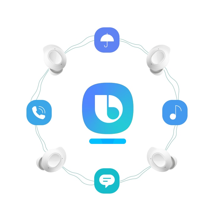 The Bixby logo at the center, encircled by Galaxy Buds FE earbuds and icons symbolising weather, music, messages and phone calls.