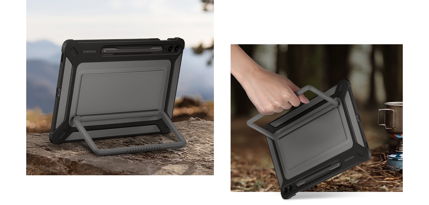 A Galaxy Tab S9 FE+ device covered with an Outdoor Cover is shown propped up horizontally with a kickstand on a rough surface in the mountains. Next to it, a hand is seen holding the device using the kickstand.