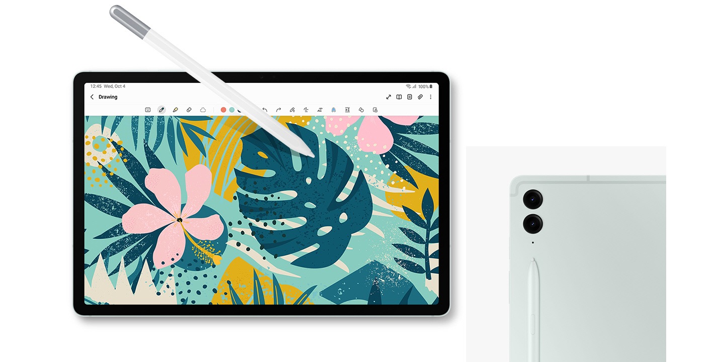 'S Pen Creator Edition is pointing at the screen of Galaxy Tab S9 FE+ in Mint with a colourful image open onscreen in the Samsung Notes app. Close-up of the back of Galaxy Tab S9 FE+ in Mint, showcasing the rear camera system and attached inbox S Pen.