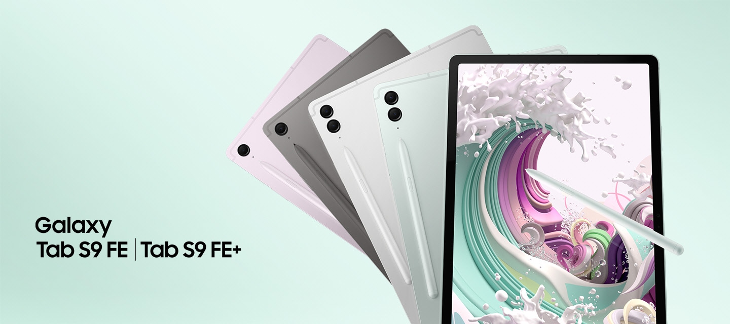 Galaxy Tab S9 FE in Lavender and Gray, Tab S9 FE+ in Silver and Mint are lined up overlapping each other with their back facing forward and S Pen attached. An S Pen is pointing at the screen of a Mint-colored Galaxy Tab S9 FE+ with a colourful wave wallpaper onscreen.