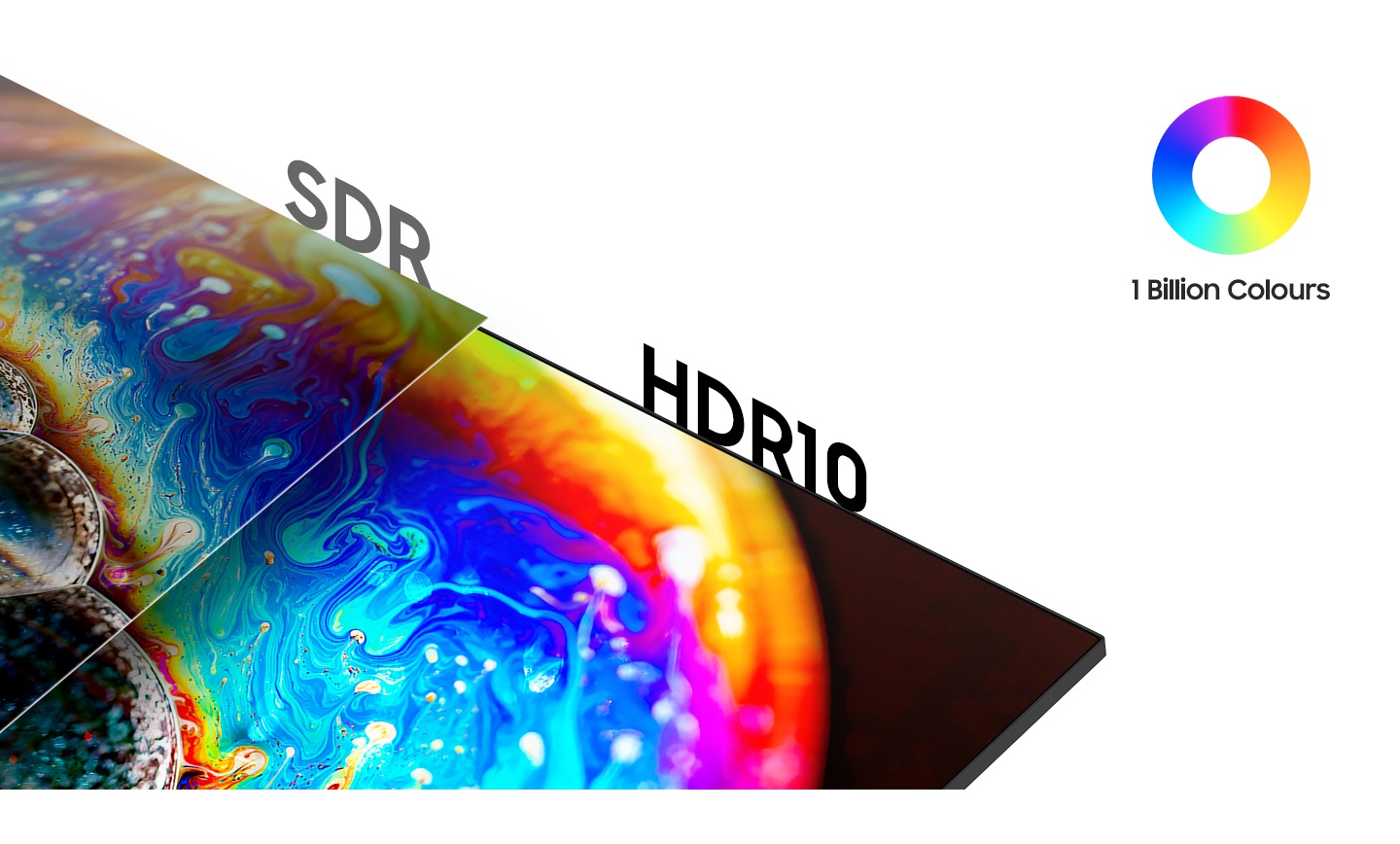 The SDR and HDR10 is being compared, and the image for HDR10 is more bright and vivid. Next the images, there is an icon that represents 1 Billion Colors.