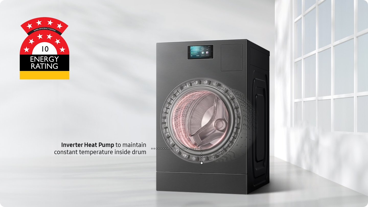 A hand holds a phone with the AI energy mode tab open from the SmartThings app on screen. The refrigerator, washing machine, dishwasher and dryer are selected from the device menu, with the monthly target set to maximum savings. AI Energy Mode achieves energy savings of 19%.