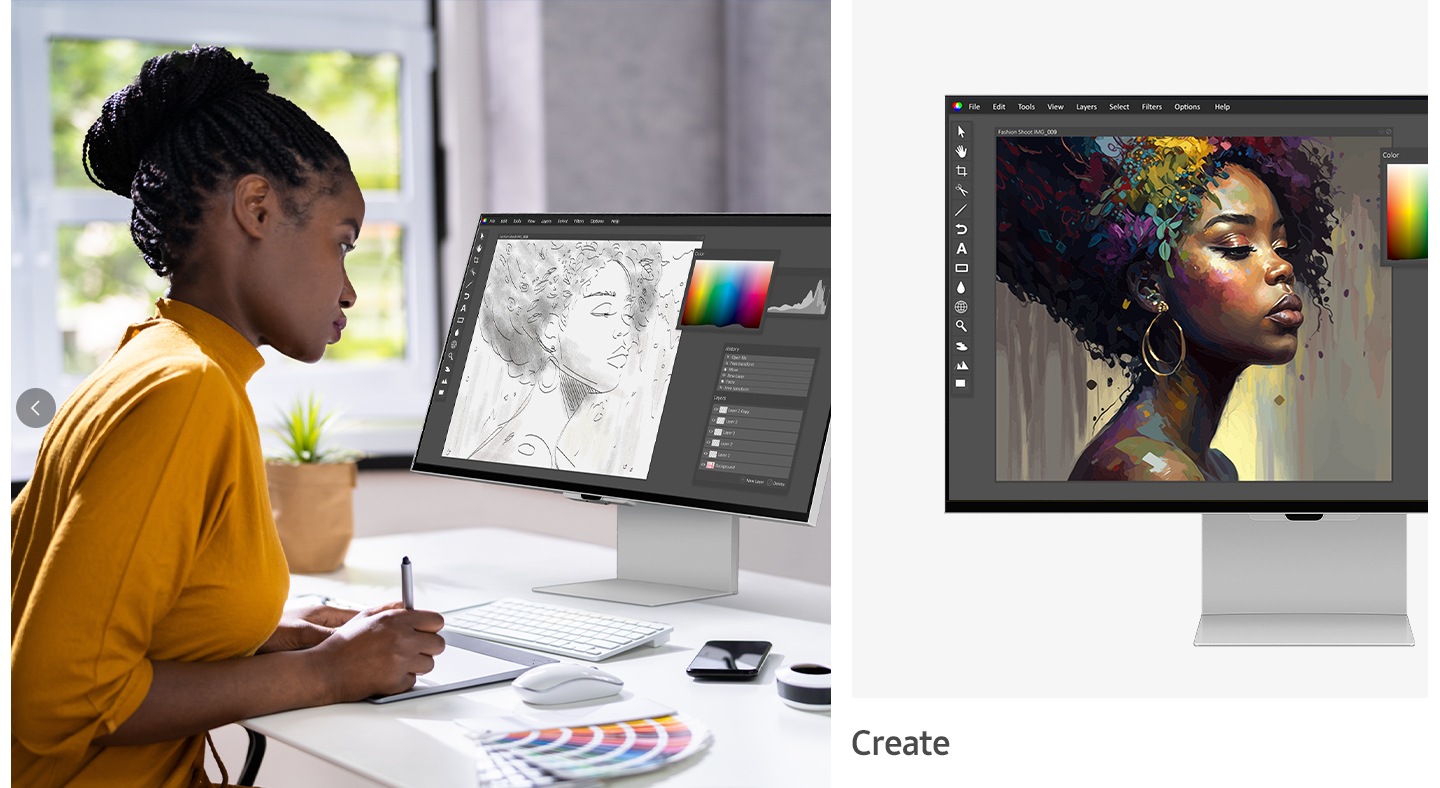 A woman working on a design using a PC and tablet and the monitor screen on which the design work is running are shown split. The phrase “Create” appears below it.