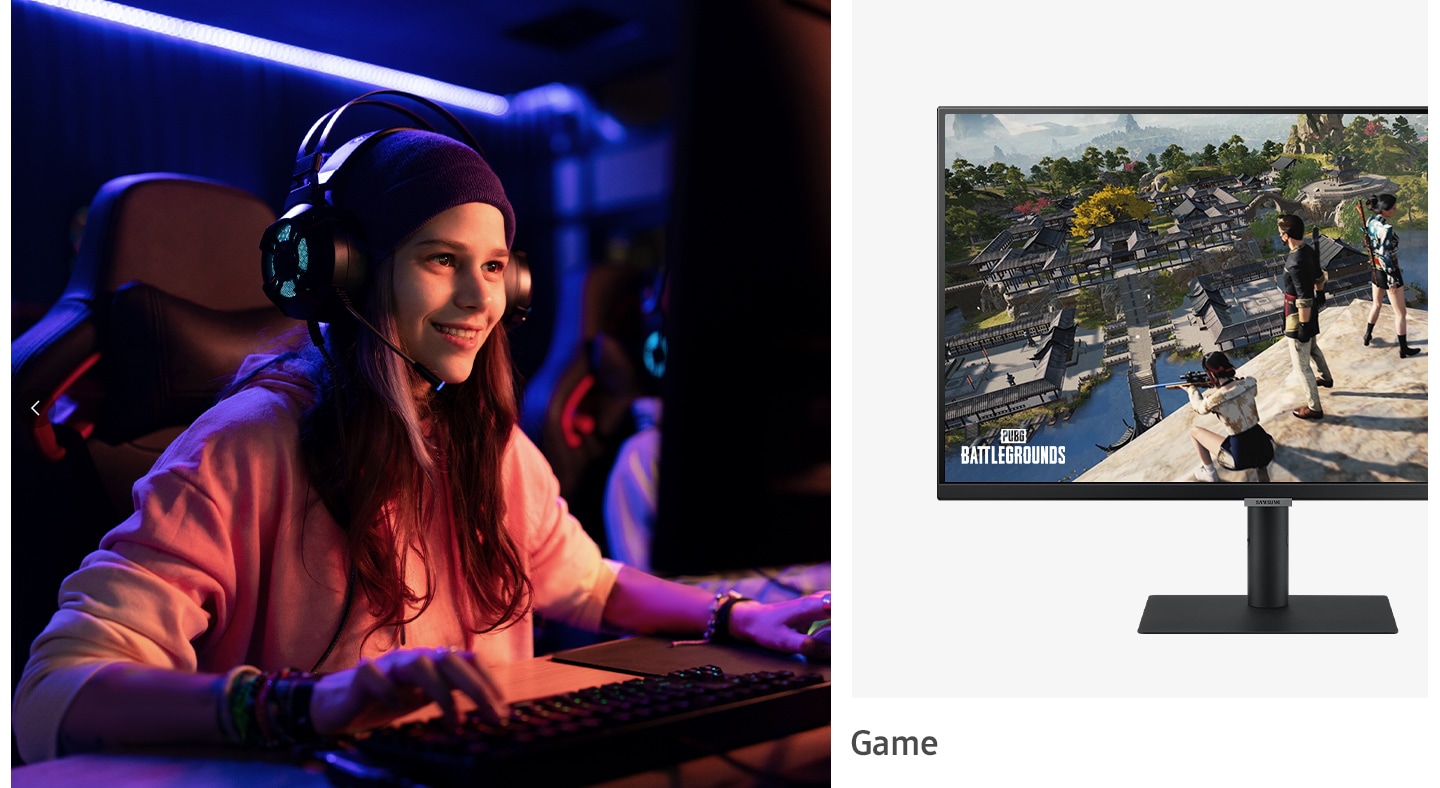 The monitor screen with a woman playing a PC game and PUBG's Battleground game running is shown split. The phrase ""Game"" appears below it.