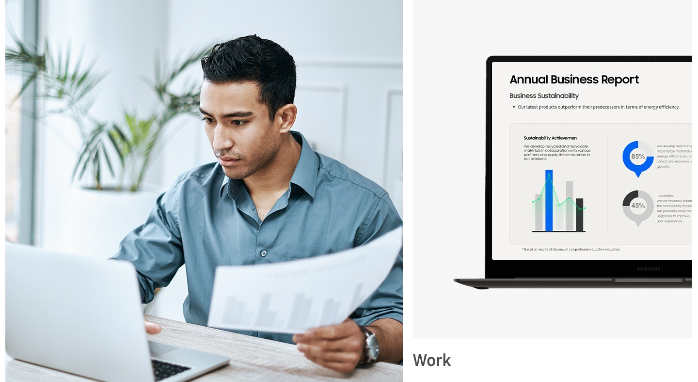 The screen of a man working on a laptop and a laptop running a work report are shown in splits. The word “Work” appears below it.