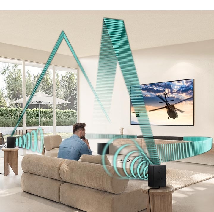 A man watches TV. A Soundbar and rear speakers give off sound waves of various types, traveling in different directions.