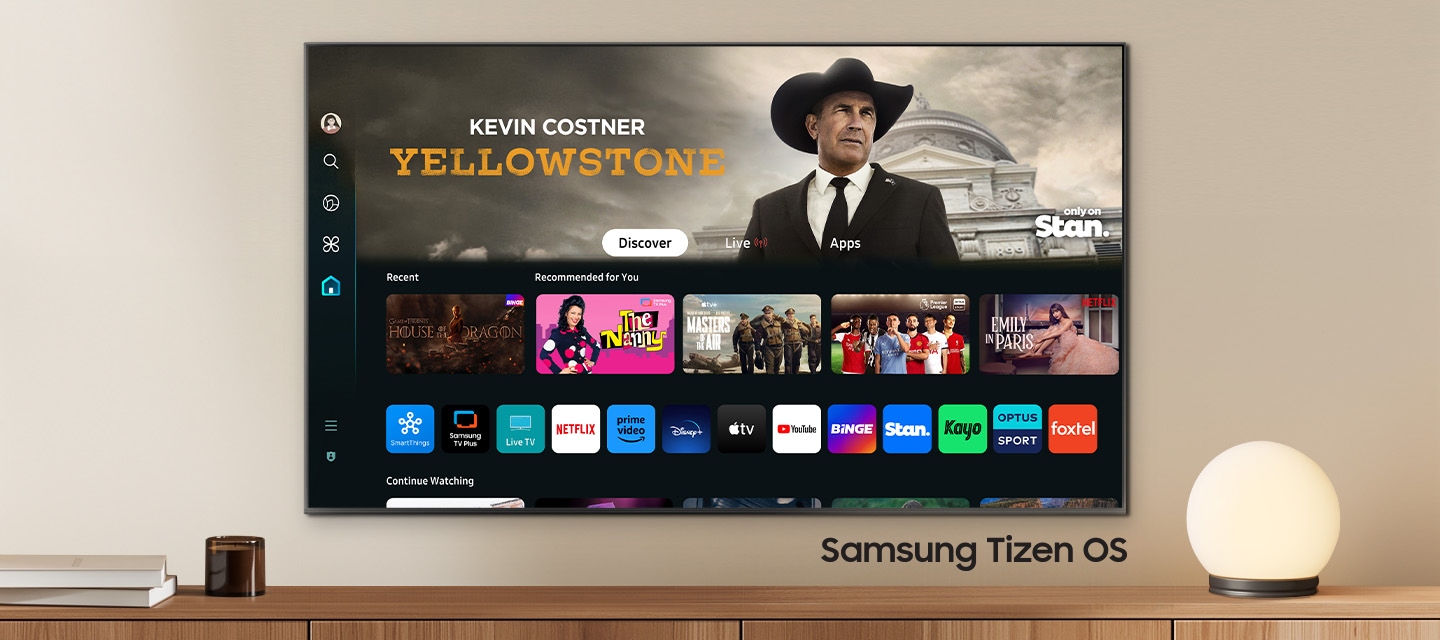 Tizen Smart Hub and Smart Connectivity with a variety of TV shows displayed on screen