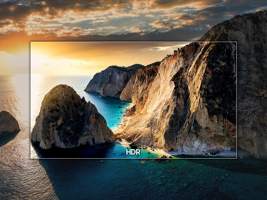 A scene of a magnificent cliff is highlighted in the shape of a TV and optimized with HDR into a picture with enhanced colors, details and clarity.