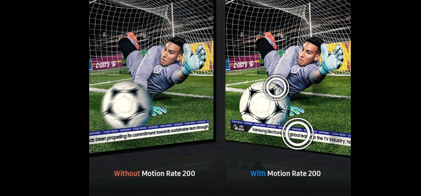 Image shows Motion Rate 200 feature for Samsung's QN90D Neo QLED 4K Smart TV.