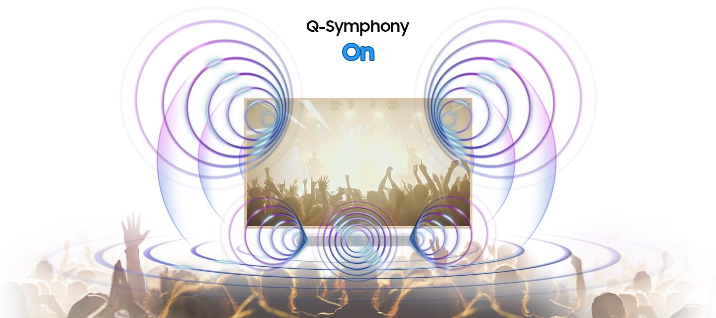 A TV screen depicts a lively concert scene. Directly underneath is a Samsung Soundbar. When Q-Symphony is Off, the Soundbar plays audio by itself, giving off small sound waves. When Q-Symphony is On, the TV and Soundbar play audio together at the same time, with both giving off large sound waves in sync.