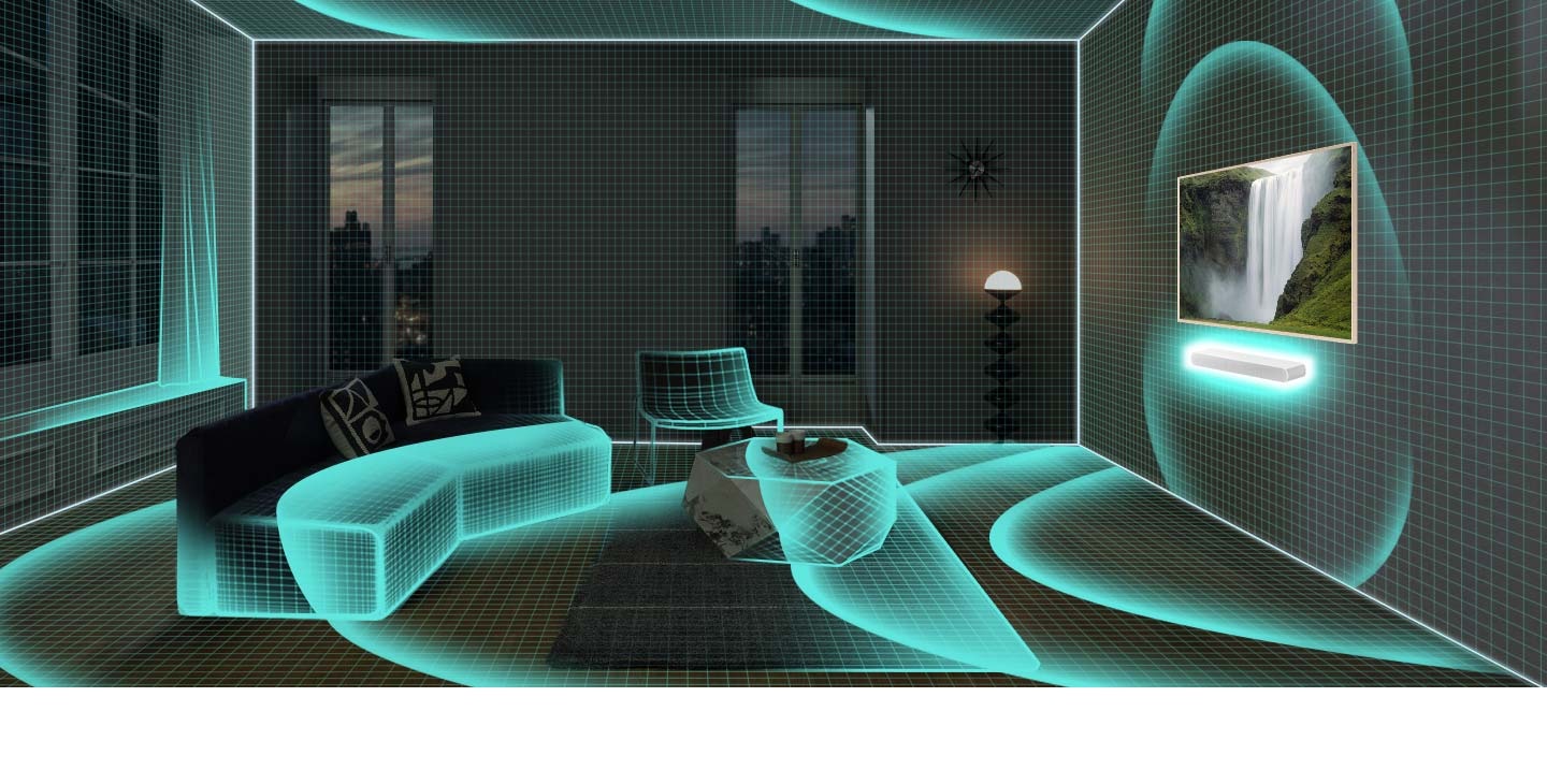 A living room with modern decor transforms into a sketch style, with most of the objects fading into mere outlines. The Soundbar gives off a single pulse that travels across the entire room and analyzes the space. Then the Soundbar and subwoofer emanate sound waves, indicating that audio is being played.
