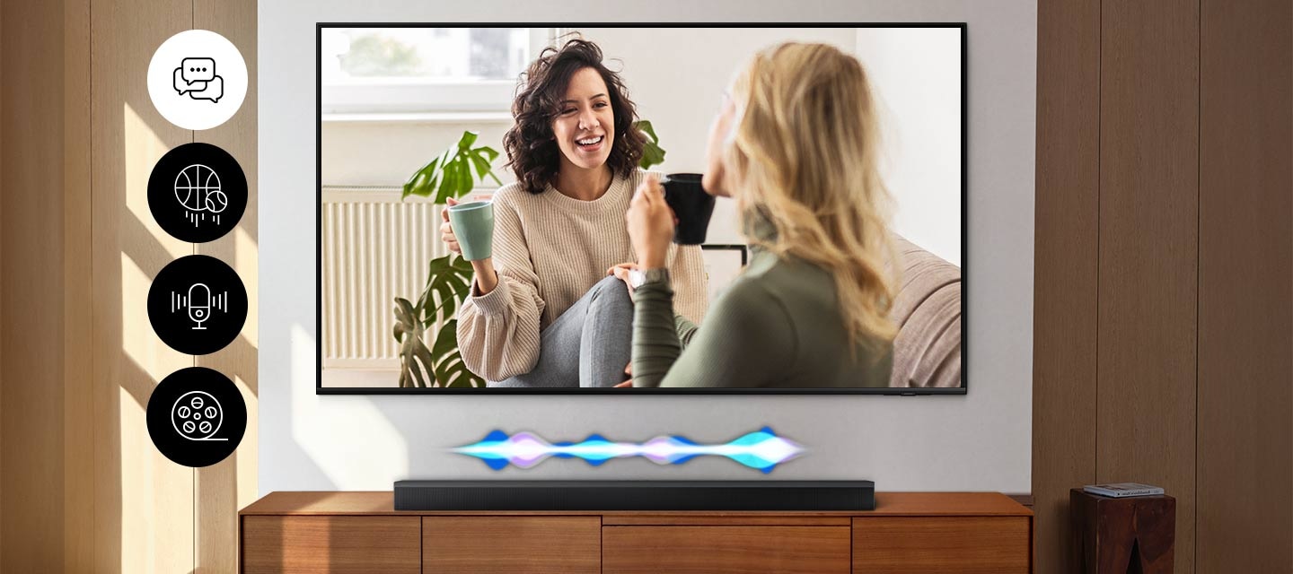 A TV cycles through different scenes, including a chat between two women, sports, news and a cinematic shot of a fisherman in a stormy sea. With each scene, a Samsung Soundbar plays a different level of volume, indicated by a fluctuating audio bar.