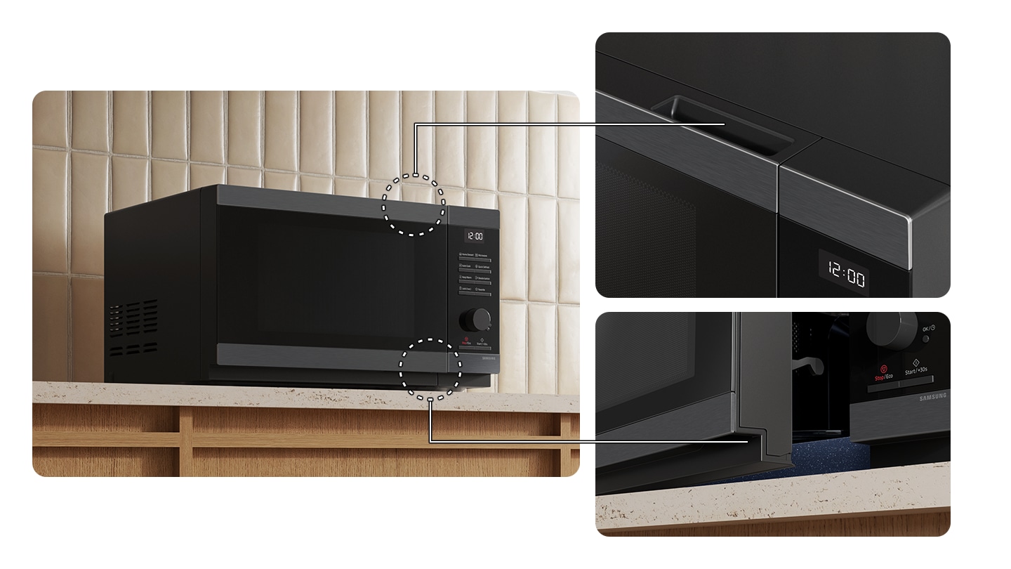 The microwave has seamless and recessed handles. Close-ups show the handles located at the top and bottom of the door.