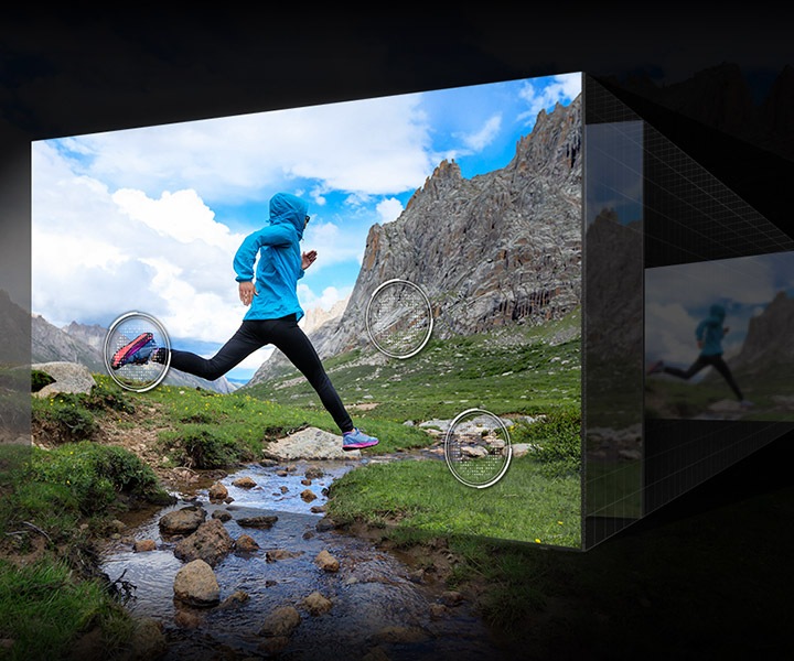 The details of a mountain side, rocks in a creek and shoes of a runner in a scene are upscaled to great clarity.