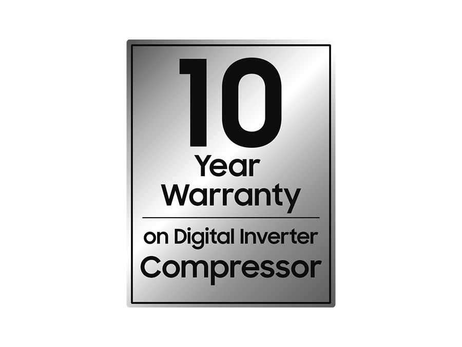 There is a sideview of a Digital Inverter Compressor. With icons for Energy Efficiency and Little Noise, and a 10-year warranty on Digital inverter Compressor mark.