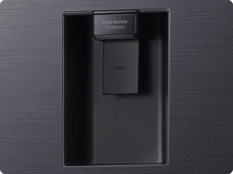 A water dispenser is installed on the refrigerator door.