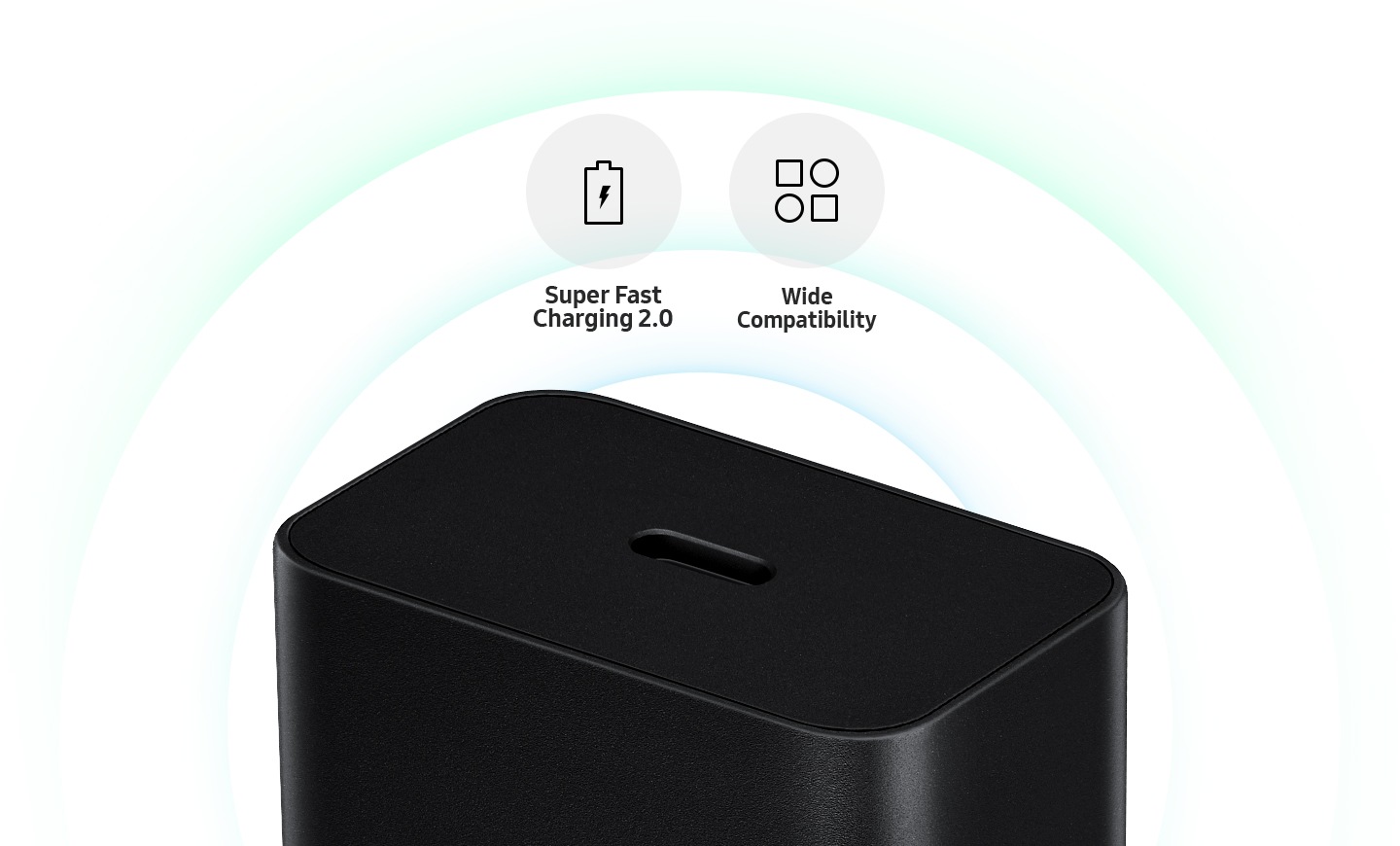 The top part of a black Power Adapter is shown. Three icons with the text 'Super Fast Charging 2.0', 'Recycled materials', 'Wide compatibility' are on top of the Power Adapter.