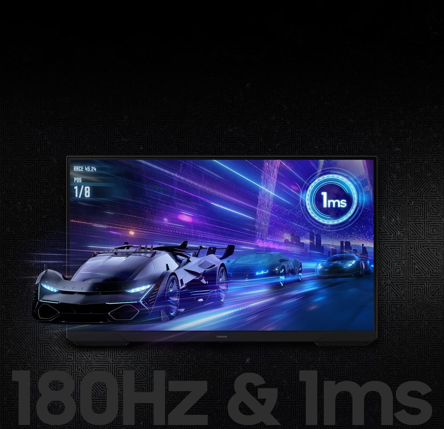 An Odyssey monitor shows a car racing scene on its screen. Three cars speed away from a city skyline. The front of the lead car is coming off the monitor's screen. A logo on the top right corner communicates the spec: "1ms". A text below the monitor also communicates the specs: “180Hz refresh rate and 1ms response time”