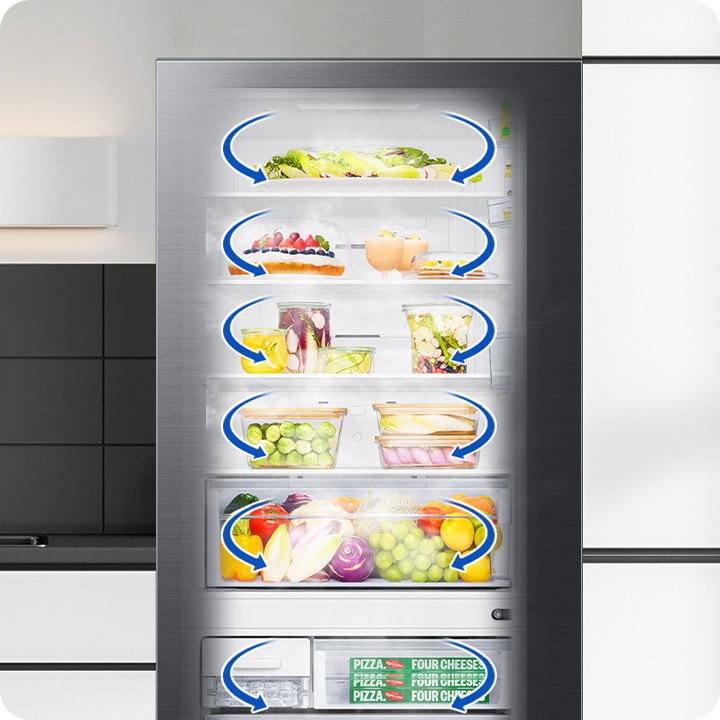 Inside the RB5300D, an arrow indicates that cold air surrounds the food.