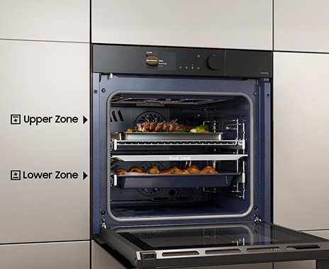 Shows the upper and lower zones being used independently to cook different dishes at the same time using different settings.