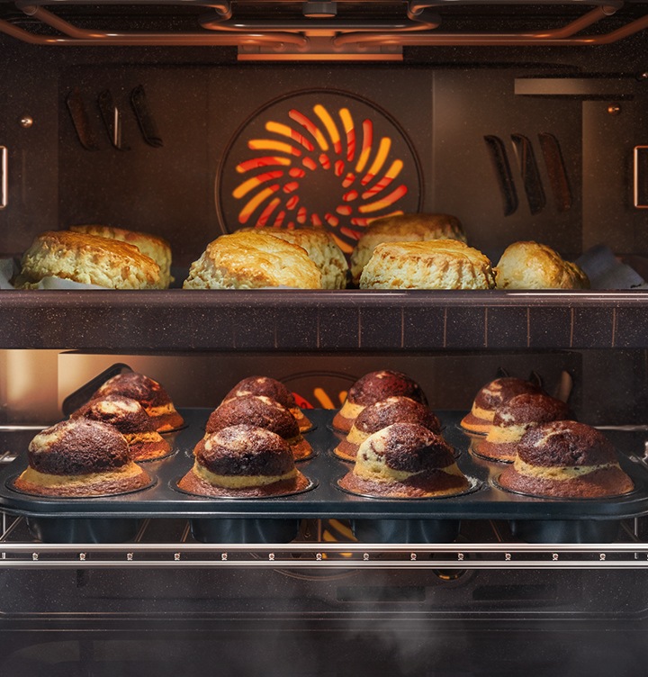 Shows various cakes and pastries being baked in the oven using the convection system, but being kept moist with steam using the Add Steam option.