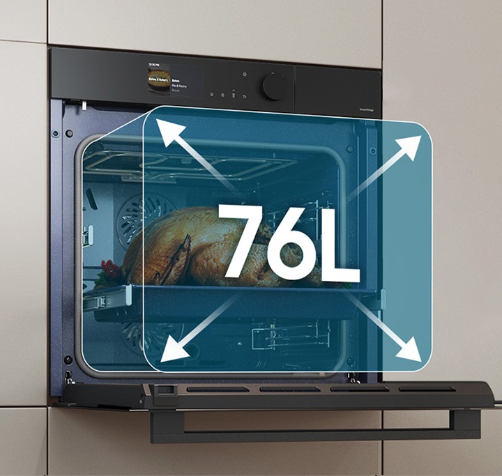 Shows a large turkey cooking inside the spacious oven with arrows illustrating its 76 liter capacity.