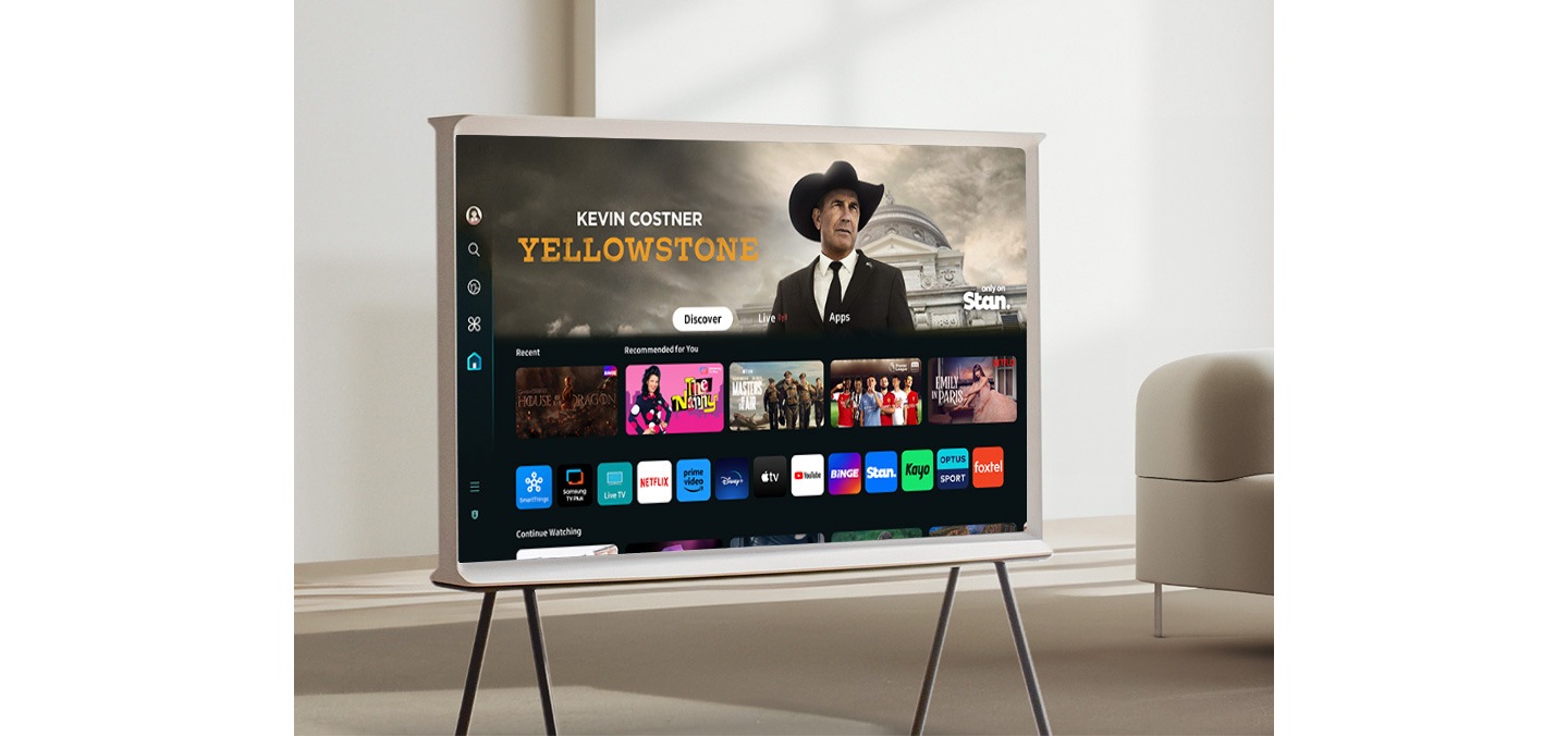 Various entertainment options are displayed on the Serif TV through Samsung Tizen OS.
