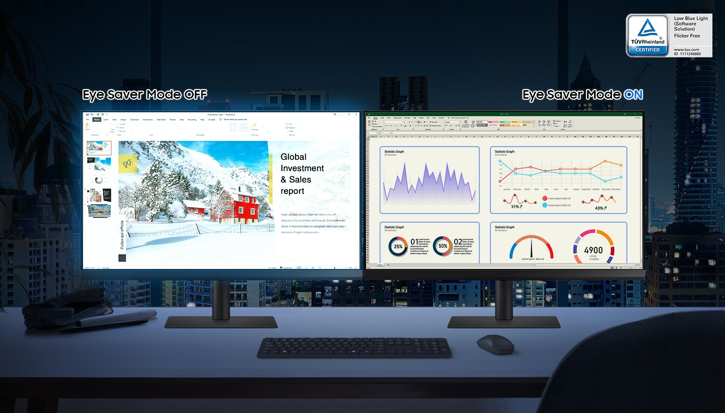 The left is comparing the Eye saver mode Off  and the right eye saver mode ON screen, and the right screen looks warmer and clearer. And in the upper right corner is the TUV certification logo.