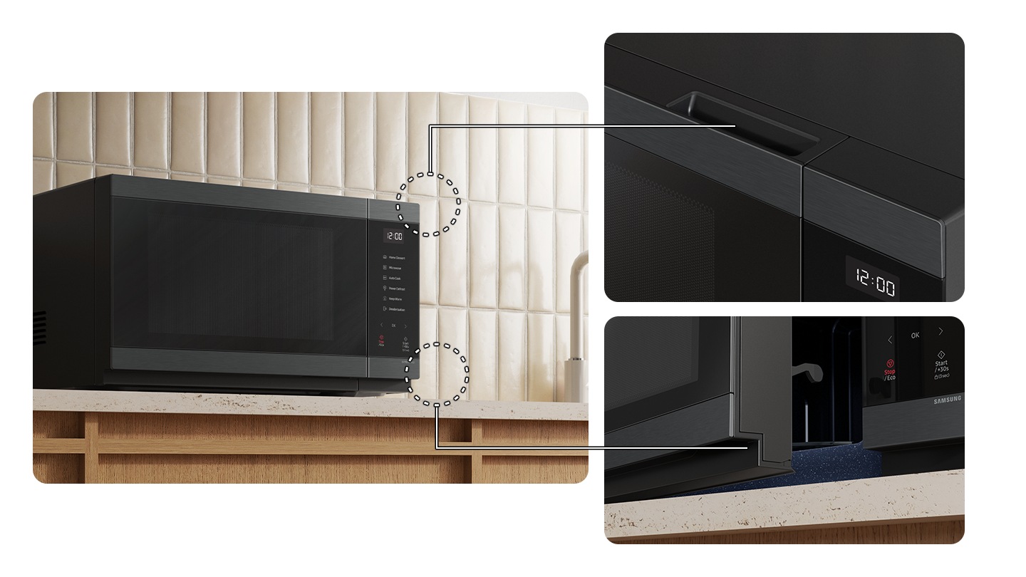 The microwave has seamless and recessed handles. Close-ups show the handles located at the top and bottom of the door.