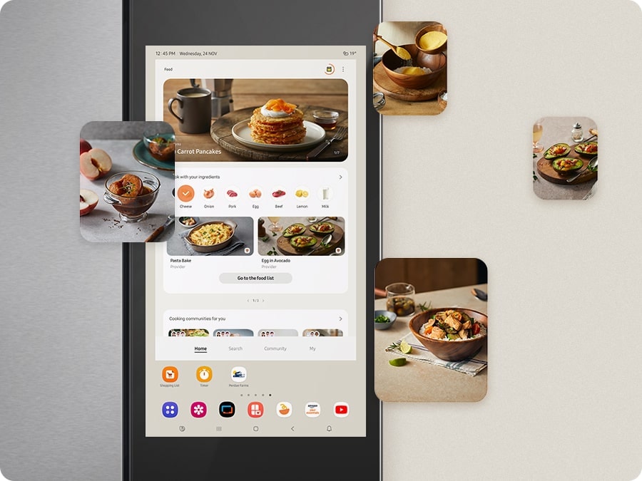 SmartThings Food on the fridge screen recommends recipes using your ingredients, and connects you to cooking communities.