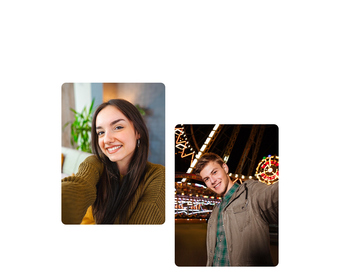 A selfie of a woman indoors. A selfie of a man outdoors at night. A woman sitting indoors, reading by a window. A line down the screen splits it into two sections, comparing a low-light shot on the left with a bright-light shot on the right.