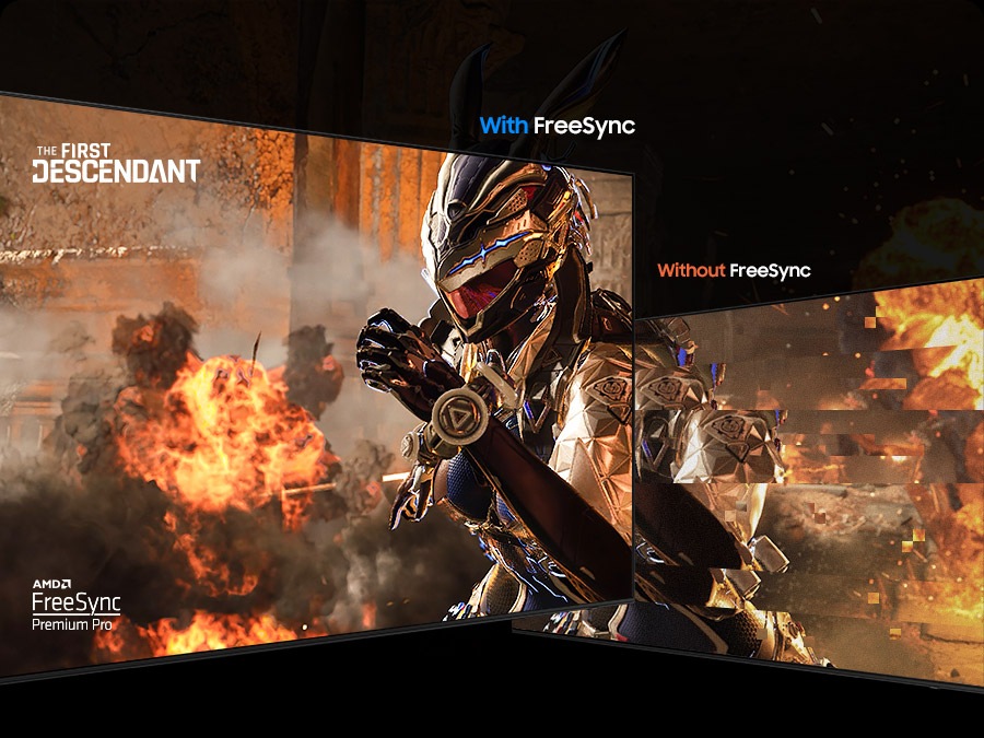 With FreeSync, The First Descendant is clearly shown. Without FreeSync, the screen is torn. AMD FreeSync Premium Pro.