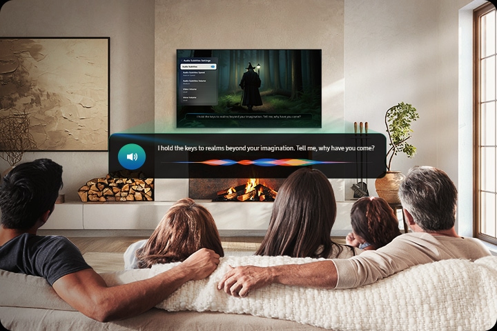 A family watches TV. Audio subtitles read I hold the keys to realms beyond your imagination. Tell me, why have you come?