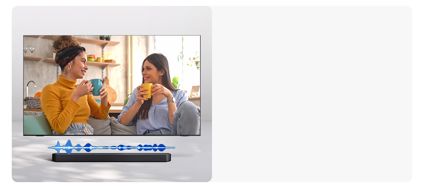 A TV cycles through different scenes, including a chat between two women, a sports game, a music-related scene and a cinematic shot of a spaceship taking off. With each scene, the soundbar installed underneath the TV plays a different level of volume, indicated by a fluctuating audio bar.