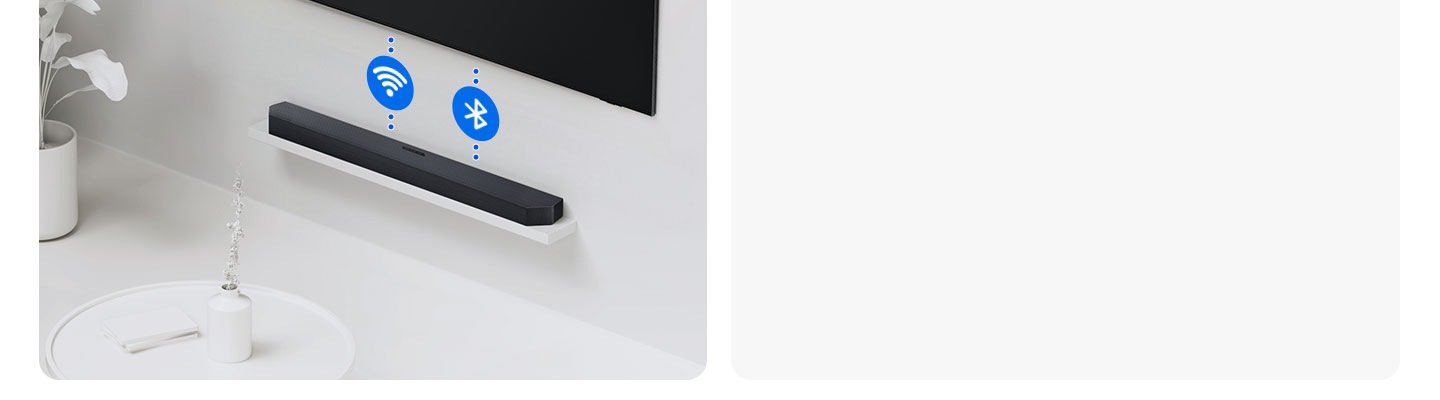 A remote control is connected to both a TV and soundbar via dotted lines and accompanied by stylized icons for the devices.