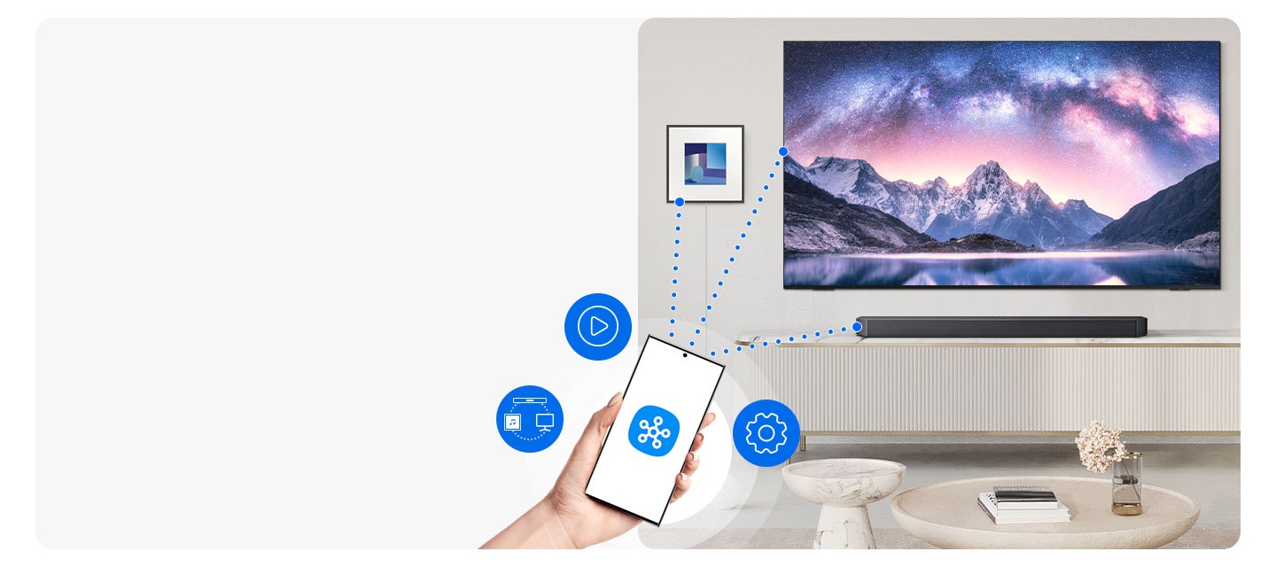 A phone has a SmartThings logo on screen. UI icons hover nearby. Dotted lines connect the phone to a TV and sound devices.