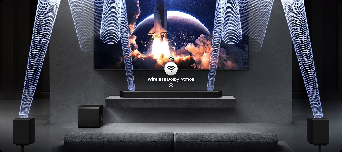 Close-up on soundbar underneath a TV. Wireless Dolby Atmos and wireless icon with arrows pointing up. Zoom out to the show the full TV with audio setup with soundbar, subwoofer and rear speakers. Sound waves emanate from the soundbar and rear speakers, reflecting down from the ceiling.