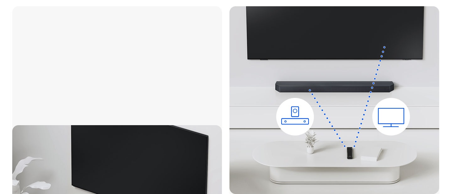 A TV and soundbar are connected wirelessly via dotted lines with the Wi-Fi and Bluetooth symbols.