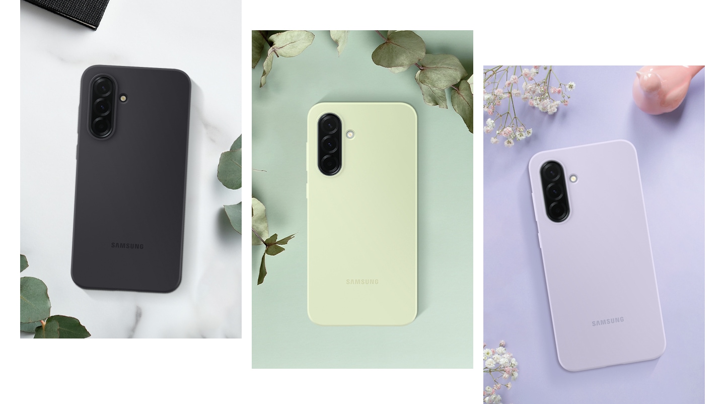 Three Galaxy A36 5G devices, each in Black, Light Green and Lavender Silicone Case.